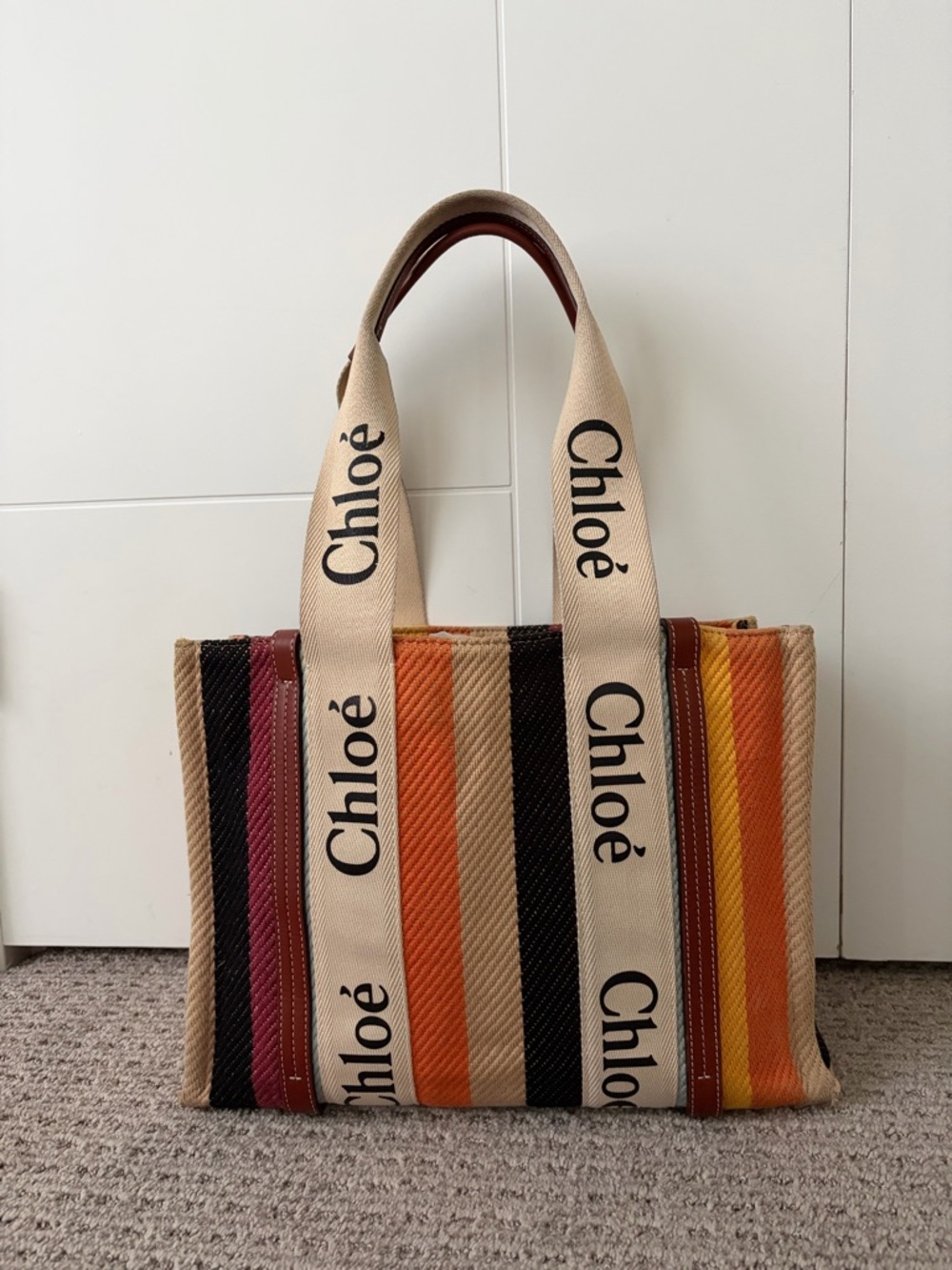Chloé Multicolor Striped Canvas Tote with Branded Cream Straps